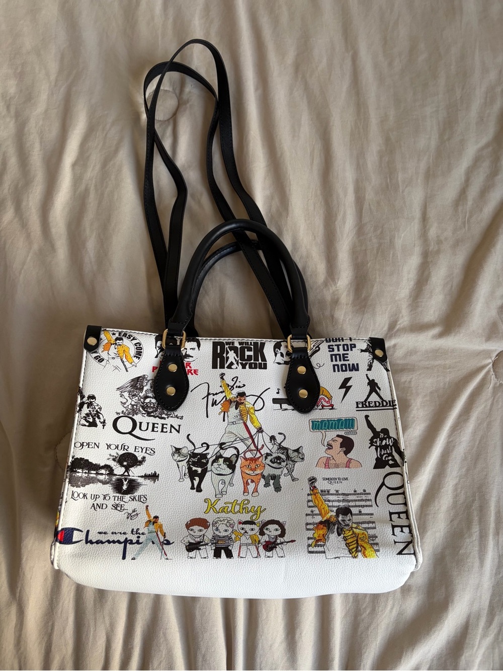NWOT BFLAIRS Queen Freddie Mercury Graphic Tote Bag White Shoulder Handbag